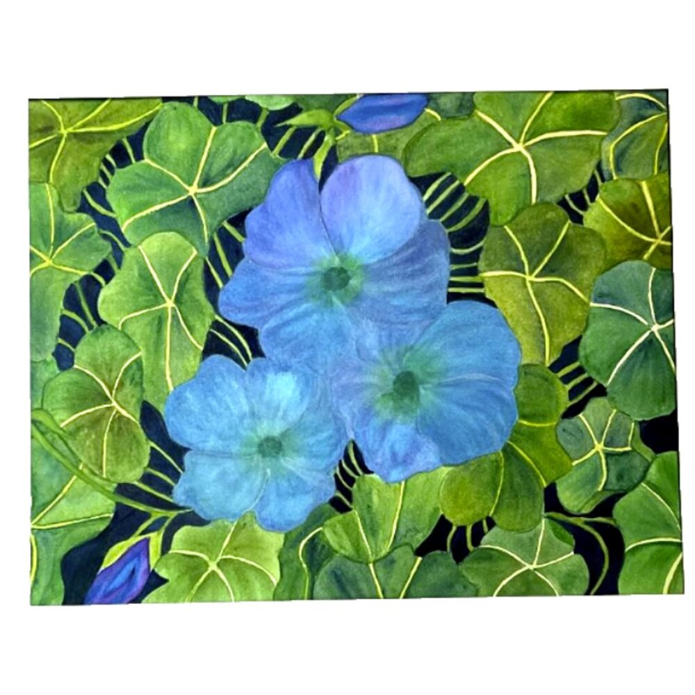 PAINTING WATERCOLOR ORIGINAL ART FLOWERS PURPLE BLUE PETUNIA 11X14 MAT 16X20
